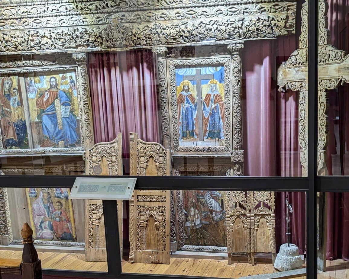 Ornate historic religious icons and wood carving in Gavalochori, Crete